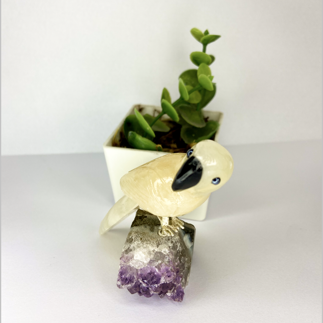 Bird Crystal Quartz Stone On Purple Amethyst Base